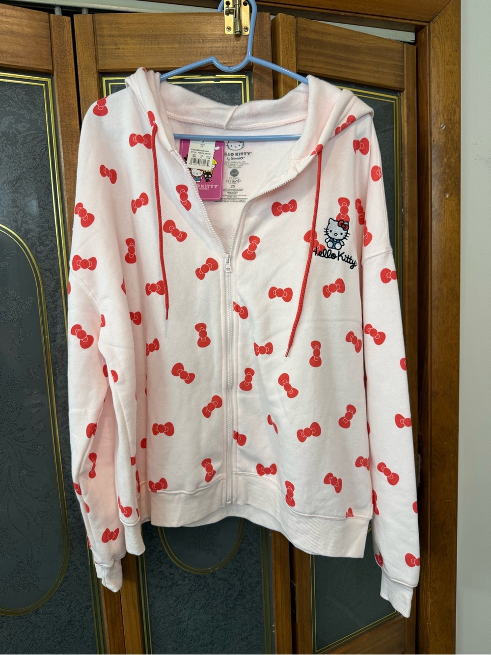 Hello Kitty Ladies Pink Zip-Up Hoodie with Red Bow Print, BRAND NEW